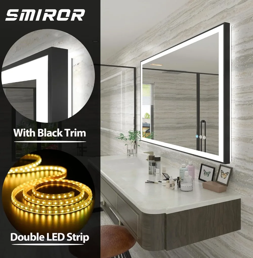 SMIROR 44x 36 Led Bathroom Mirrors with Black Trim, Lighted Vanity Mirrors for Wall, 3 Colors, Dimmable, Anti-Fog, Memory