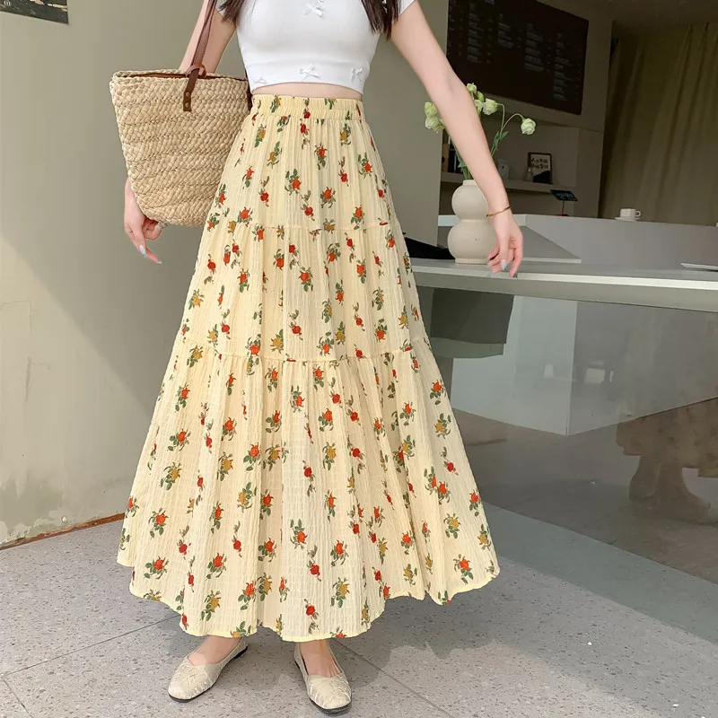 Fashion Casual Vintage Solid Elegant Office Lady A-line Harajuku Vintage Fragmented Flowers High Waist Skirts Clothing