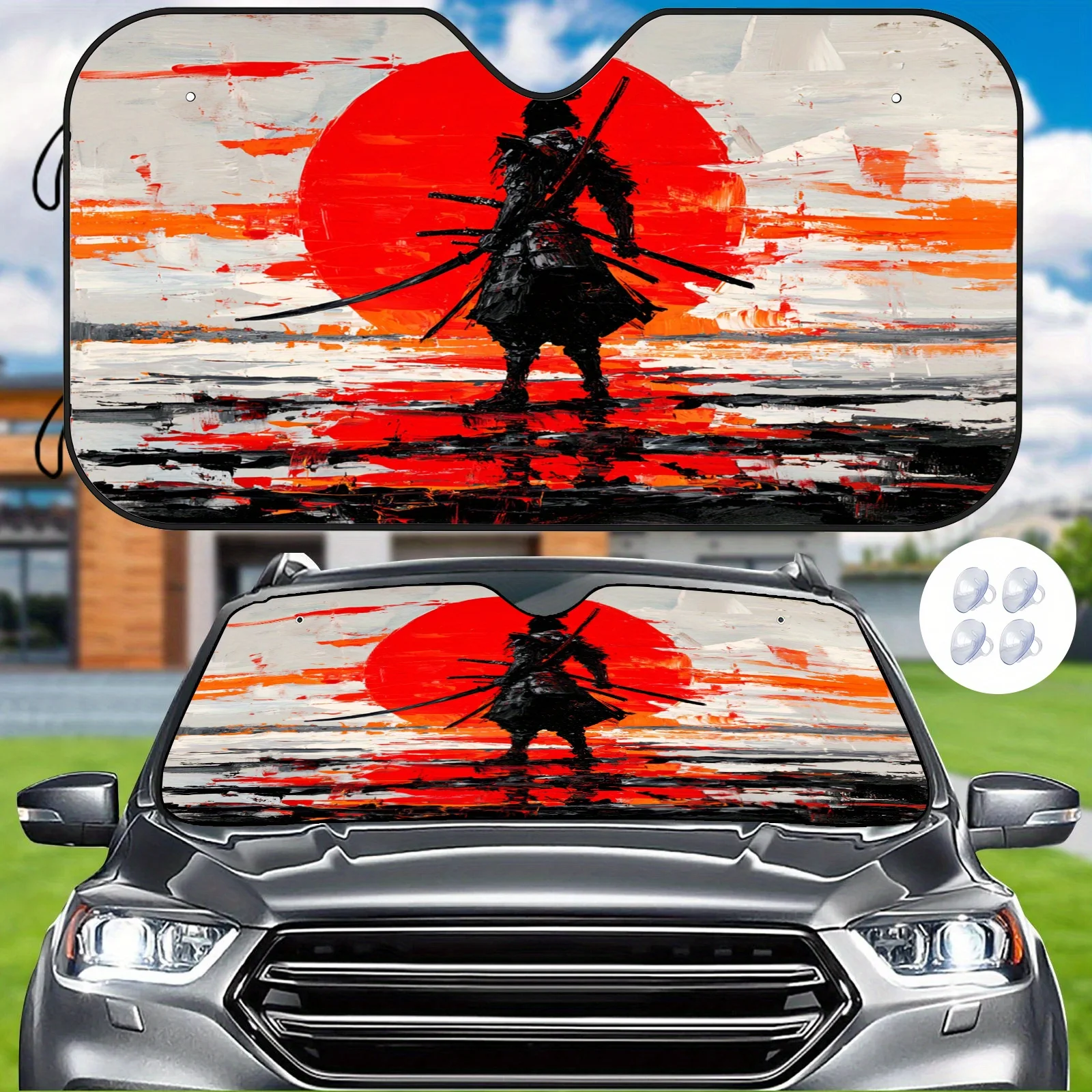 The Silhouette Of A Red Sun Warrior Serves As A Sunshade, Creating A Cool Artistic Atmosphere. It'S Easy To Install And Durable,