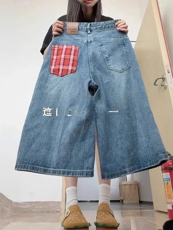 

Американские джинсы в клетку с синими вставками, женские, летние, винтажные, свободные, больших размеров, с широкими штанинами, прямые, средней длины, с высокой талией, повседневные