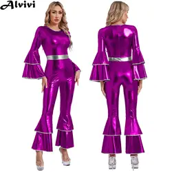 Women Flare Sleeve Metallic Bell-bottom Hippie Jumpsuit Vintage 70S Disco Bodysuit Halloween Theme Party Costume Clubwear