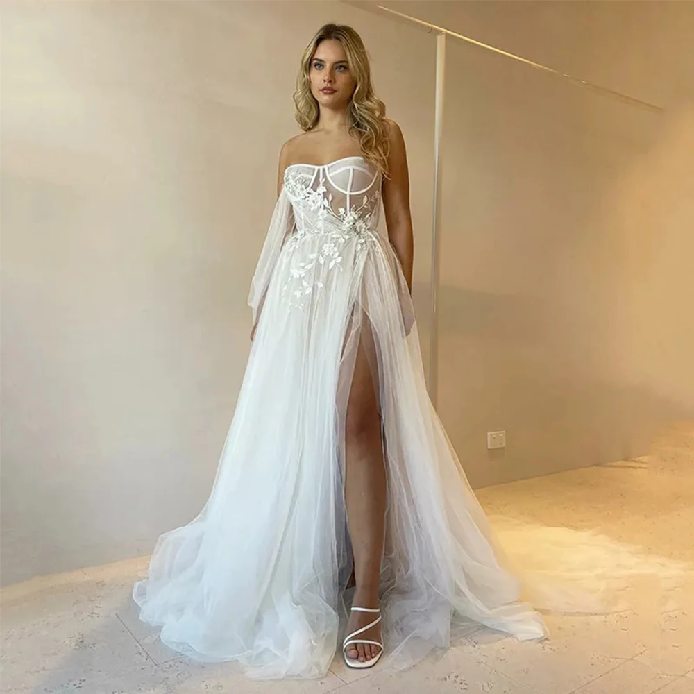 

Sexy Strapless Side Split Wedding Dresses Glitter A-line Simple Off Shoulder Sleeveless Lace Applique Bridal Gown Summer Beach