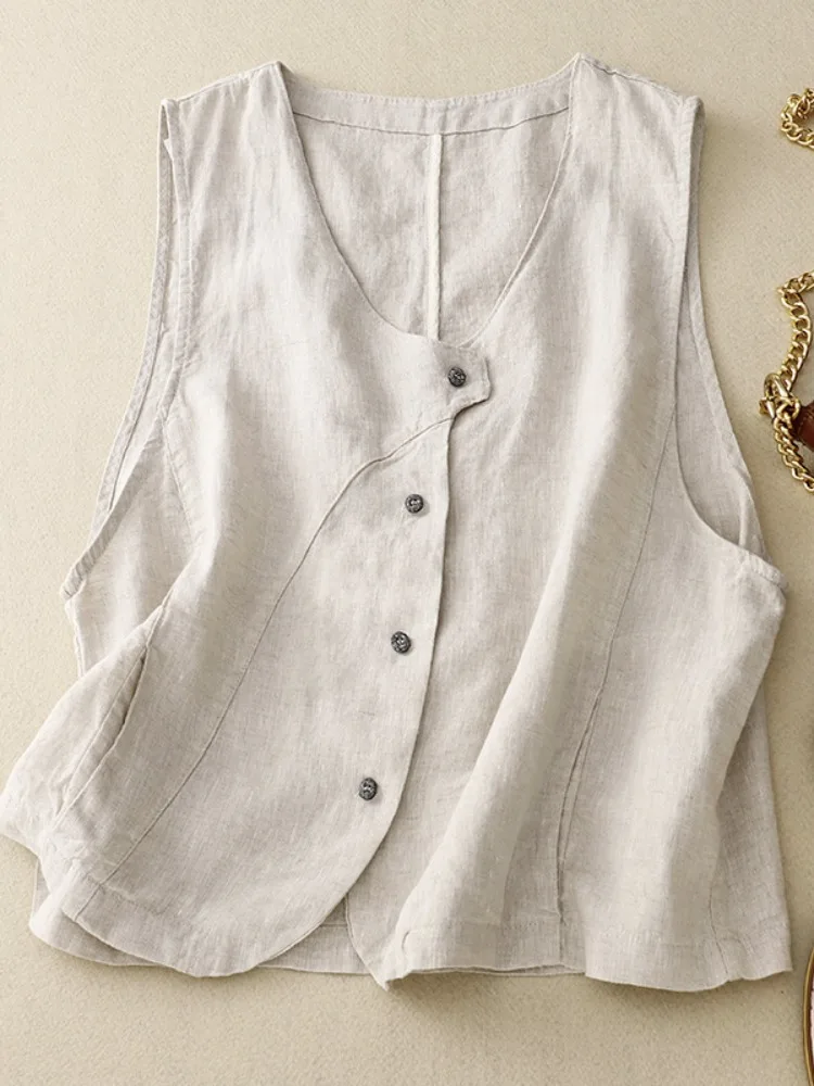 Damska lniana kamizelka na lato, kolorowa odzież wierzchnia, do pracy, do noszenia warstwowo, bawełniano-lniana kurtka, dekolt w serek, zapinana na jeden guzik.