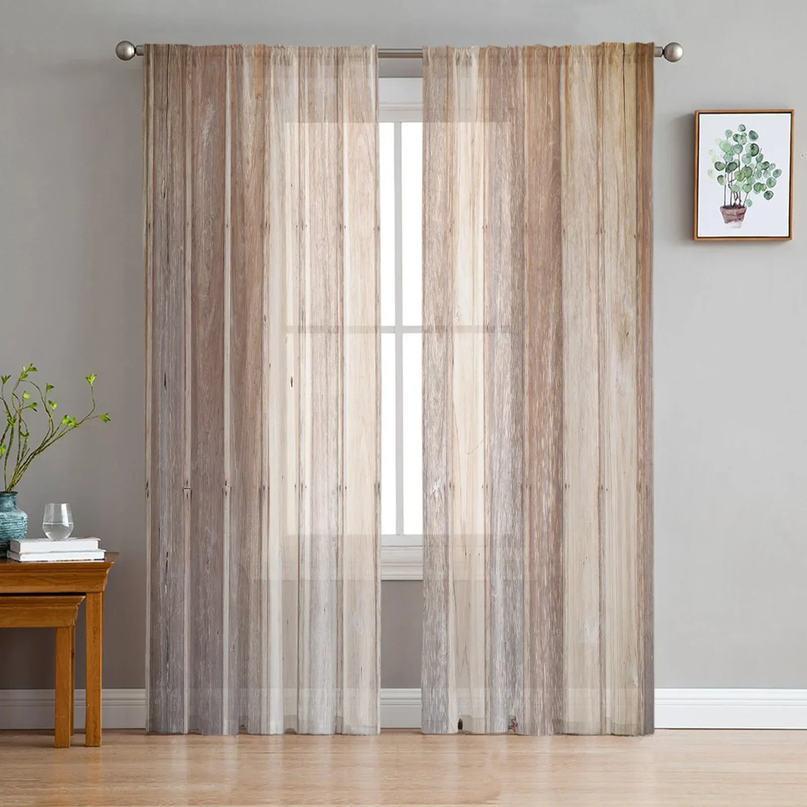 Planks Shabby Retro Wood Brown Sheer Curtains Living Room Window Tulle Curtains For Bedroom Kitchen Home Decoration Voile Drapes