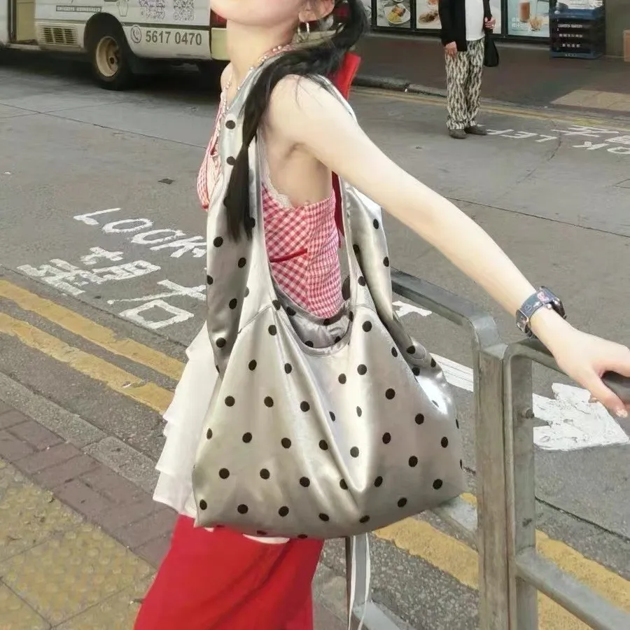 

Fashion Dot Satin Hobos Tote Shoulder Bag Soft Silver Shopper Purses and Handbags Silk Underarm Bags for Women Bag 2025 Female