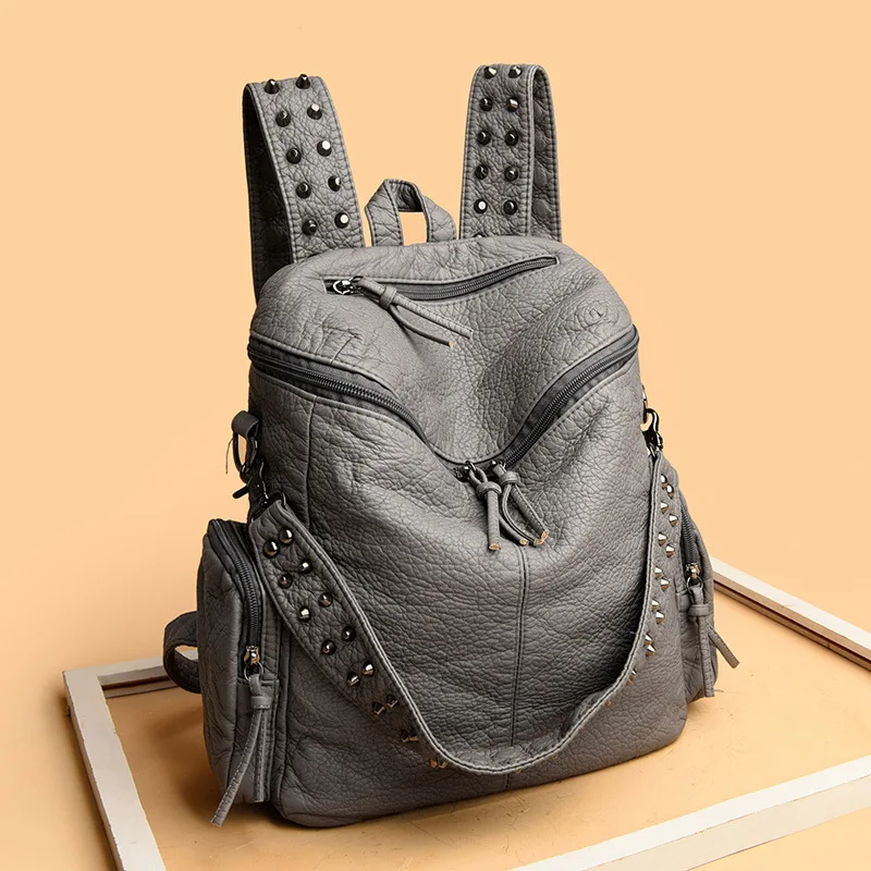 Casual Washed PU Rivet Backpack Women Vintage Large Student School Bag Trendy Outdoor Multi Use Shoulder Bag