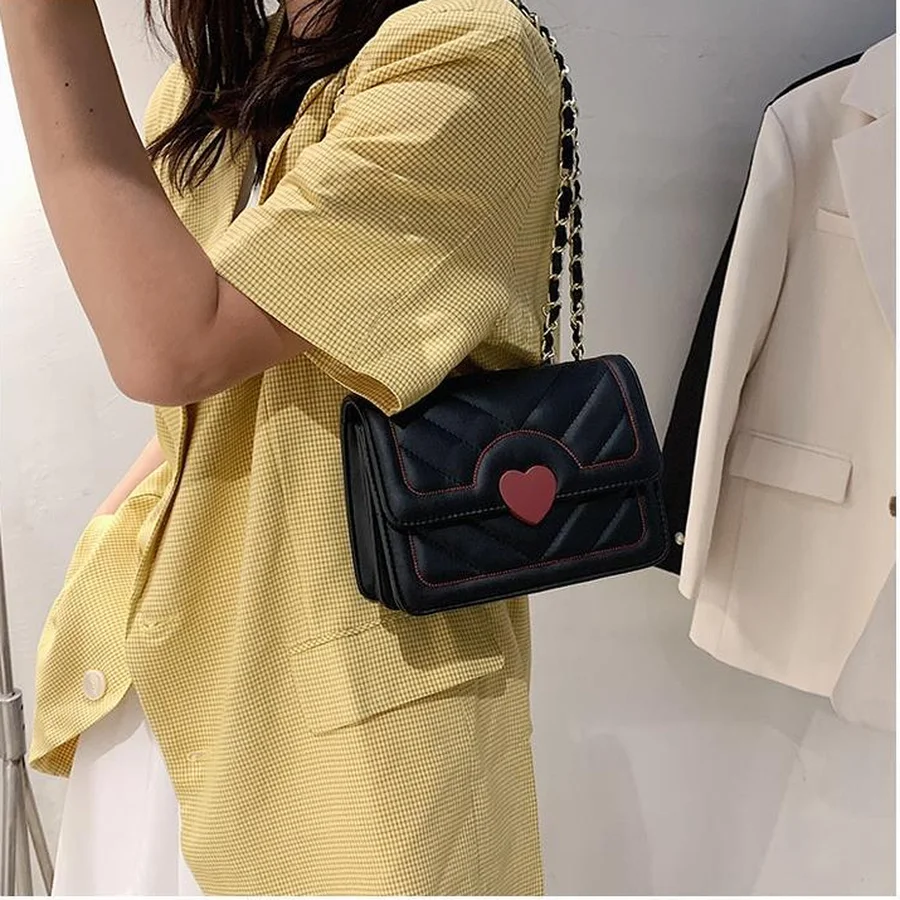 Cute Shoulder Bag Women Kawaii Heart Quilted Bag With Chain Female Luxury Designer Handbag PU Leather Crossbody Pouch Wallet