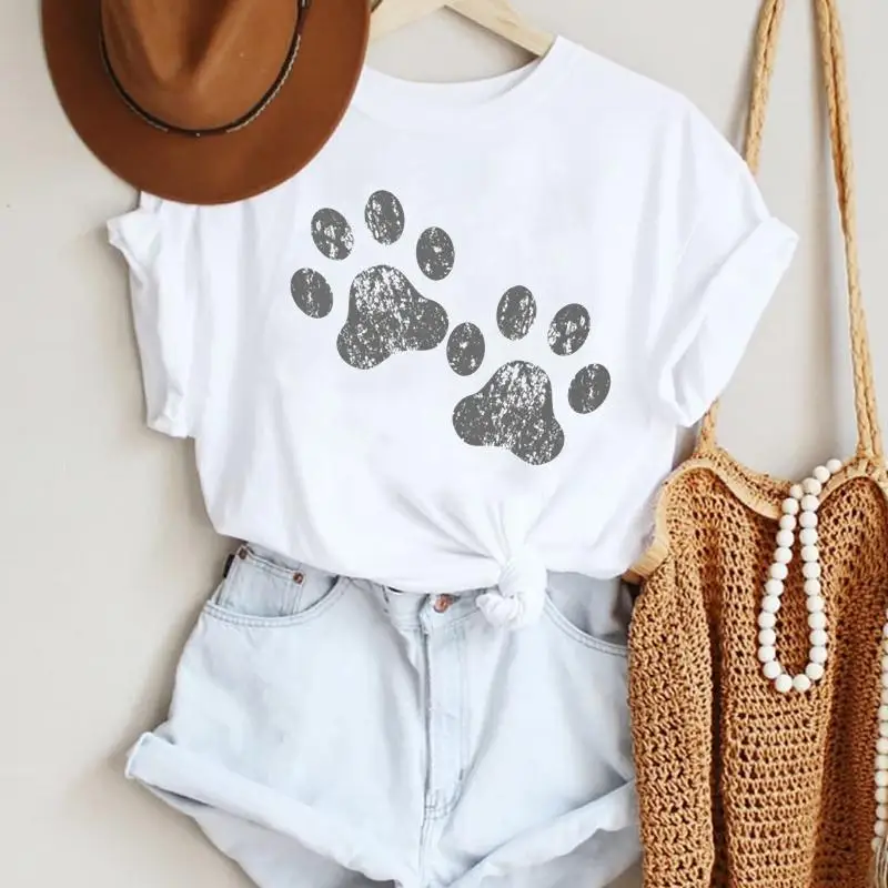 2021  Women Dog Paw Animal Printing Cute Beach  Cartoon Summer Lady Print Tee Stylish T Top  Tshirts Clothes T-Shirt