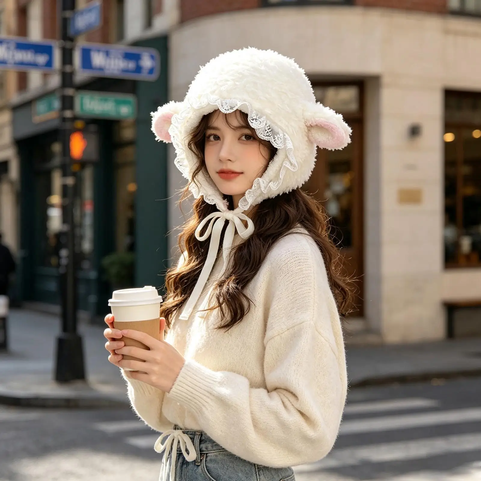 Sheep Hat Cute Warm Costume Headband with Adjustable Chin Ties Lamb Costume for Winter Outdoor Party Halloween Festival Camping