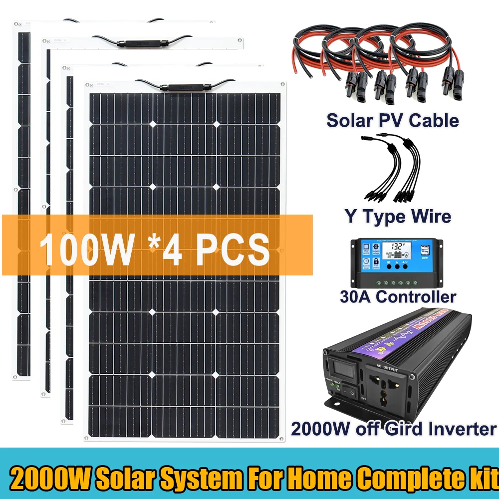 4*100W Solar Complete Kit Panel 2000w 220v Inverter Portable Outdoor Power Solar System Kit solar 30A Controller Car Camping