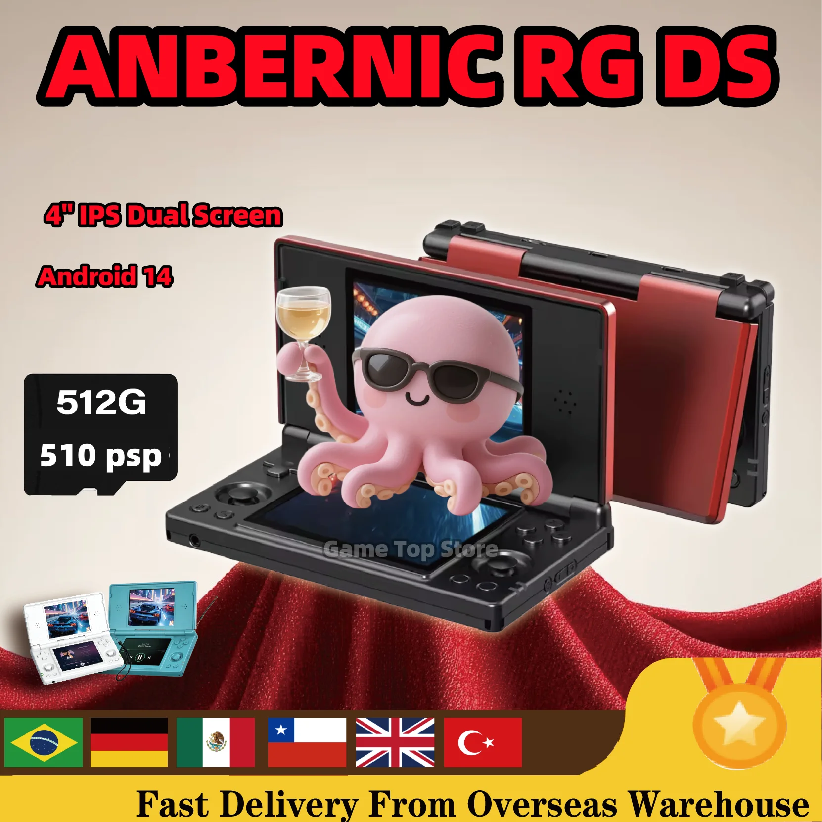 Console de Videogame Retro Anbernic RG DS Android 14 com Tela IPS de 4 Polegadas e Dual Multi-touch, Player de Jogos RGDS