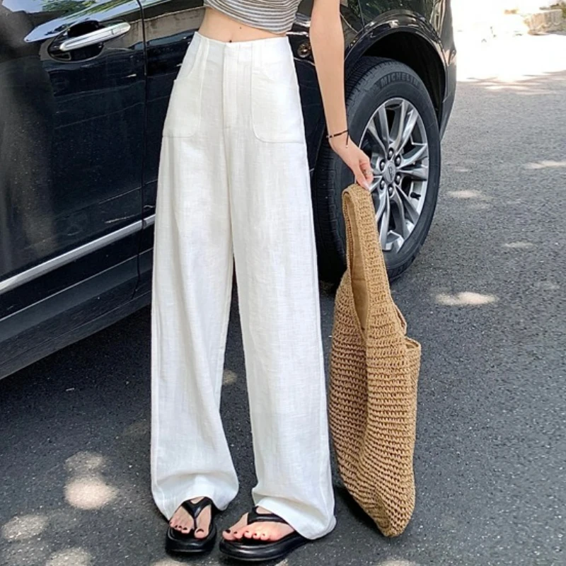 Summer thin style high waisted drooping vintage style suit straight leg cotton linen casual pants wide leg pants