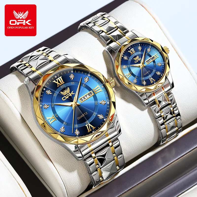 OPK Couple Watches 6023cp Trend Fashion Original Quartz Watch for Lover Rhombus Texture Strap Double Scale Waterproof Date Week
