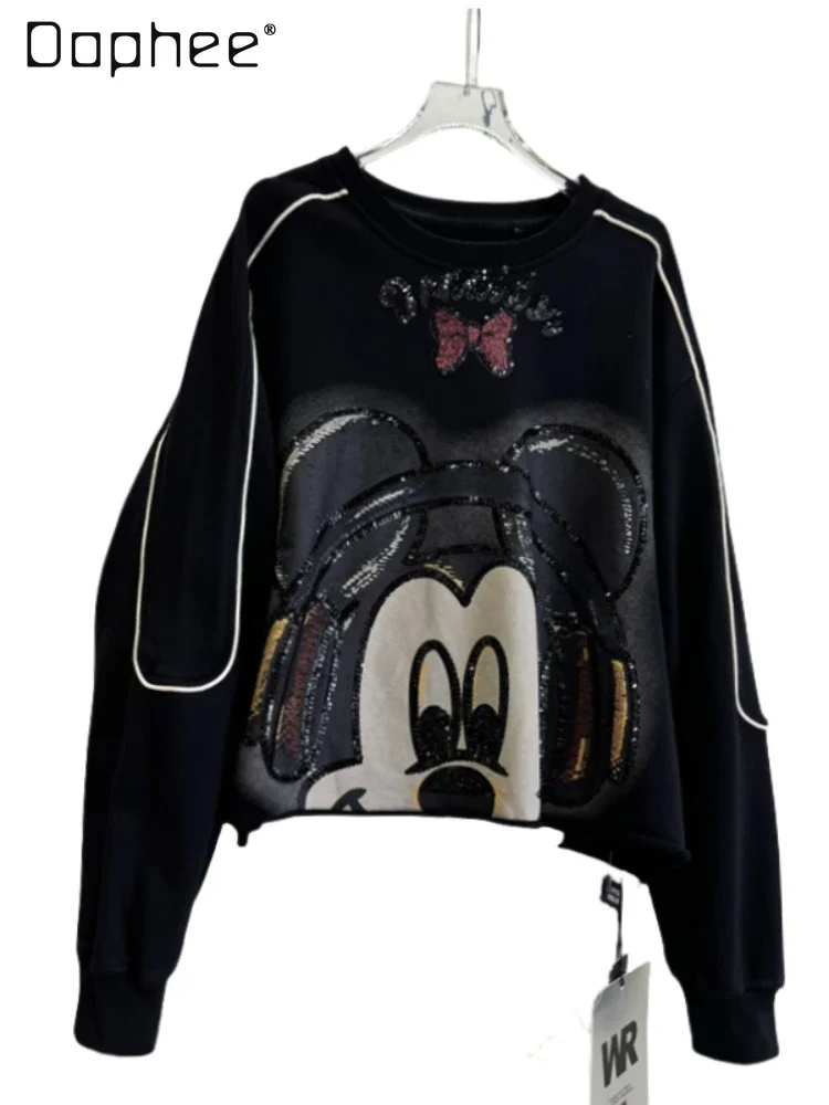 

European Station American Cartoon Three-dimensional Letter Sequined Bow Sweatshirts Autumn New Crew Neck Drop Sleeve Top 2024