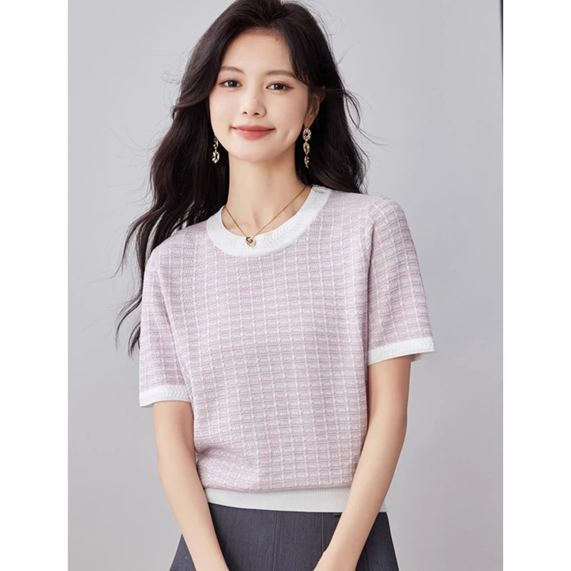 Fashionable Ice Silk Knitted Short Sleeve round Neck Base Shirt Color Block Slimming Summer Korean Style Top Women's Clothing