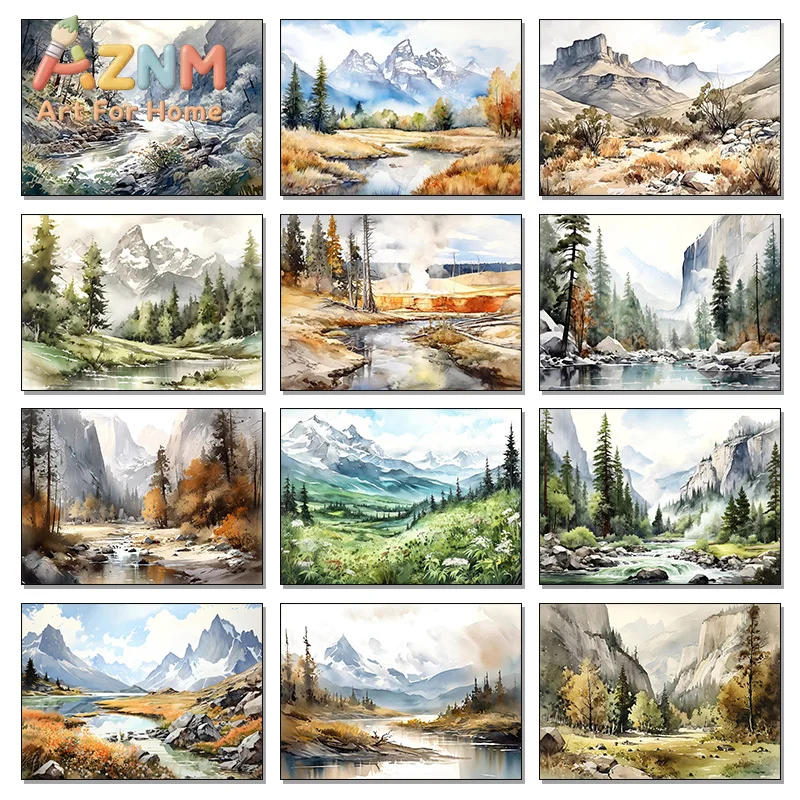 1pc frameless Canvas Painting Grand Teton National Park in The United States Travel Watercolor Poster Canvas Painting Modern Wal