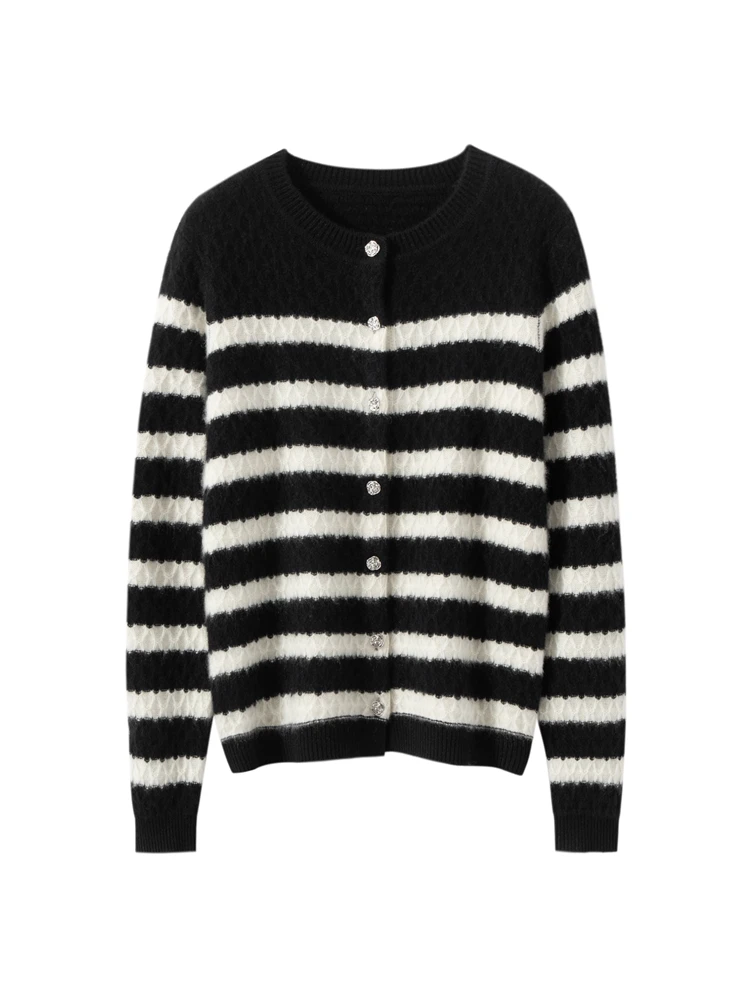 Thick O-Neck Autumn Winter Striped Cardigan Knitted Sweater Simple  Women's 100% Cashmere Soft Warm Comfort Grace Clothing Tops