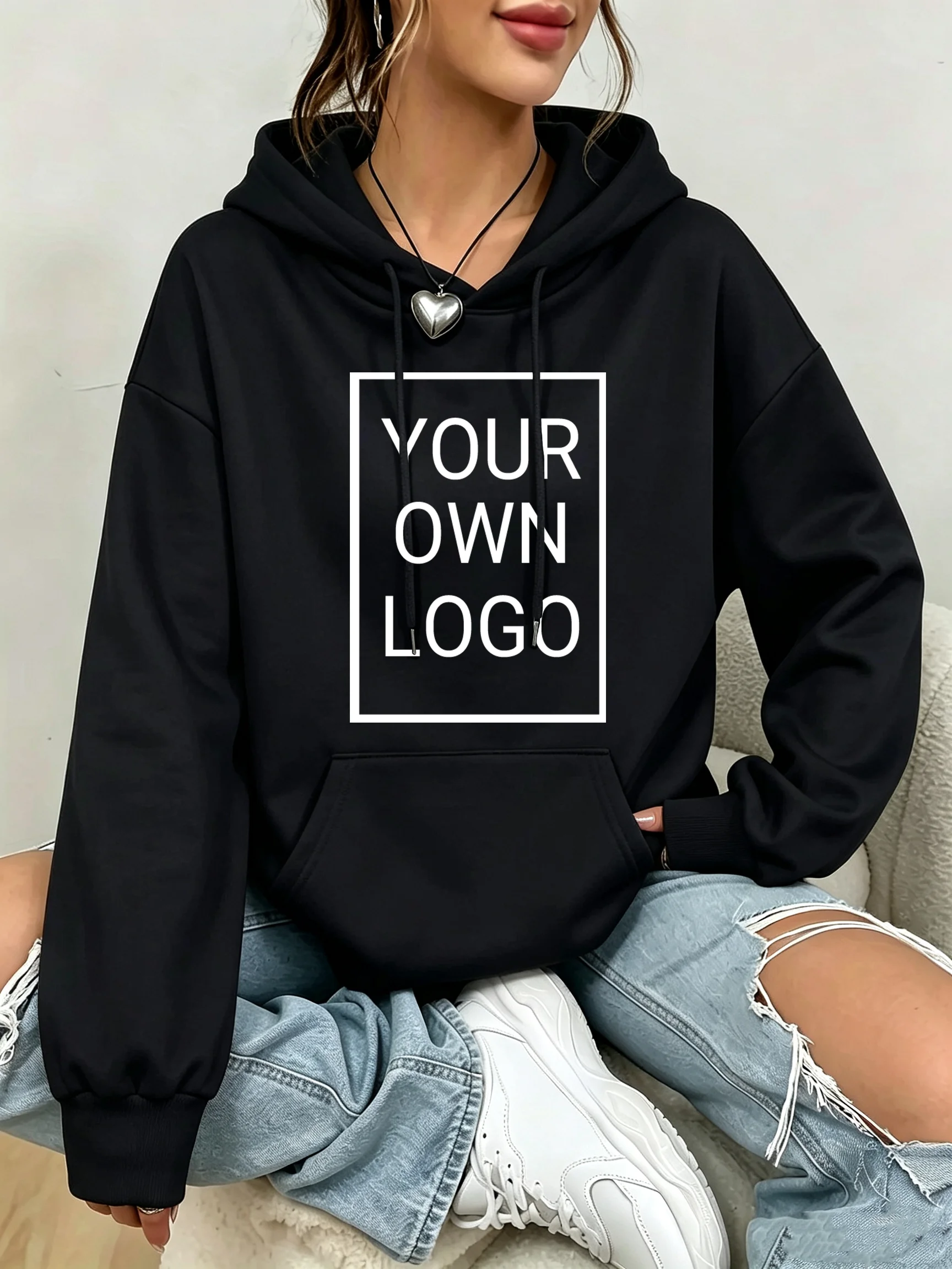 Y2K Women's Hoodies Custom Logo Text DIY Pattern Casual Pocket Hoody Loose Autumn Hoodie All-Match Woman Fleece Sportswear
