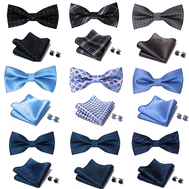 Men's solid color bow tie pocket square cuff links Double cashew flower bow tie Handkerchief bow tie for men's dress shirt