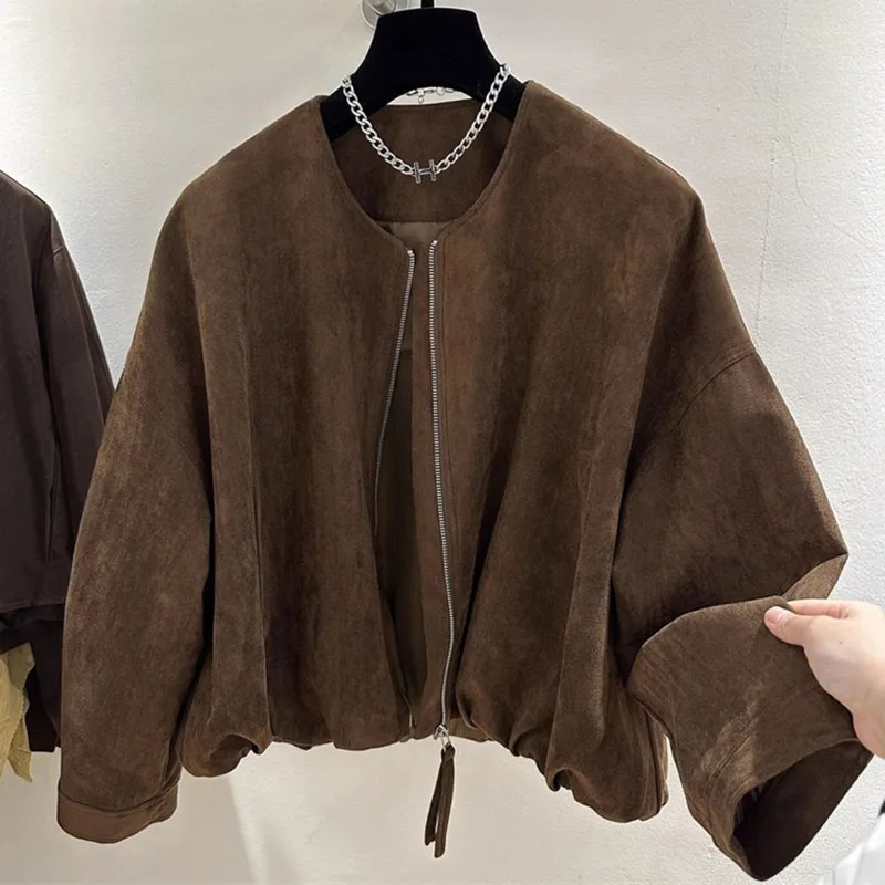 

2025 Female Fashion Lmitation Suede Tops Jacket Spring Autumn Women Round Neck Outwear American Ladies Long Sleeves Short Coat