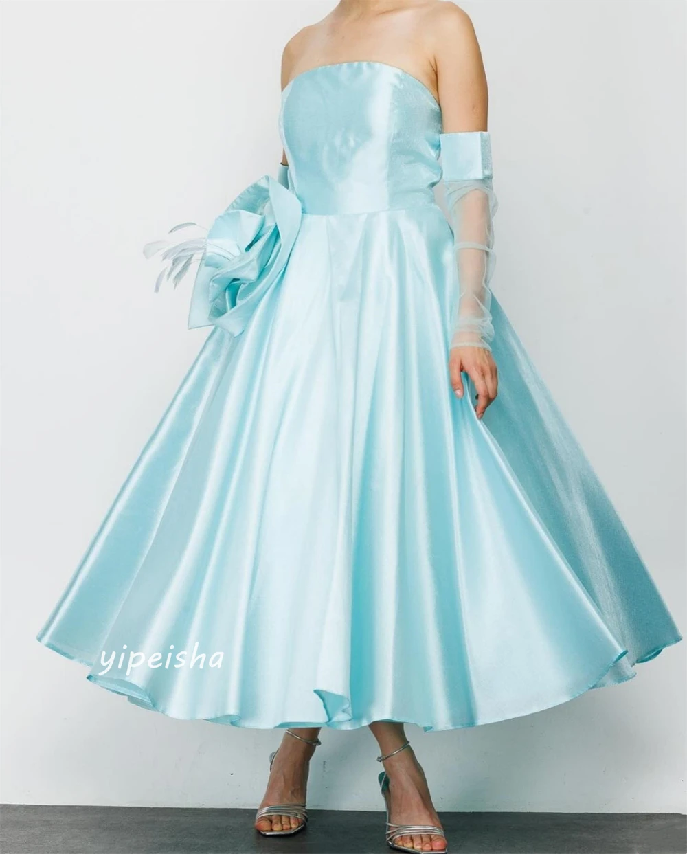 Prom Dress Satin Flower Ruched Celebrity A-line Off-the-shoulder Bespoke Occasion Gown Midi Dresses Evening Saudi Arabia