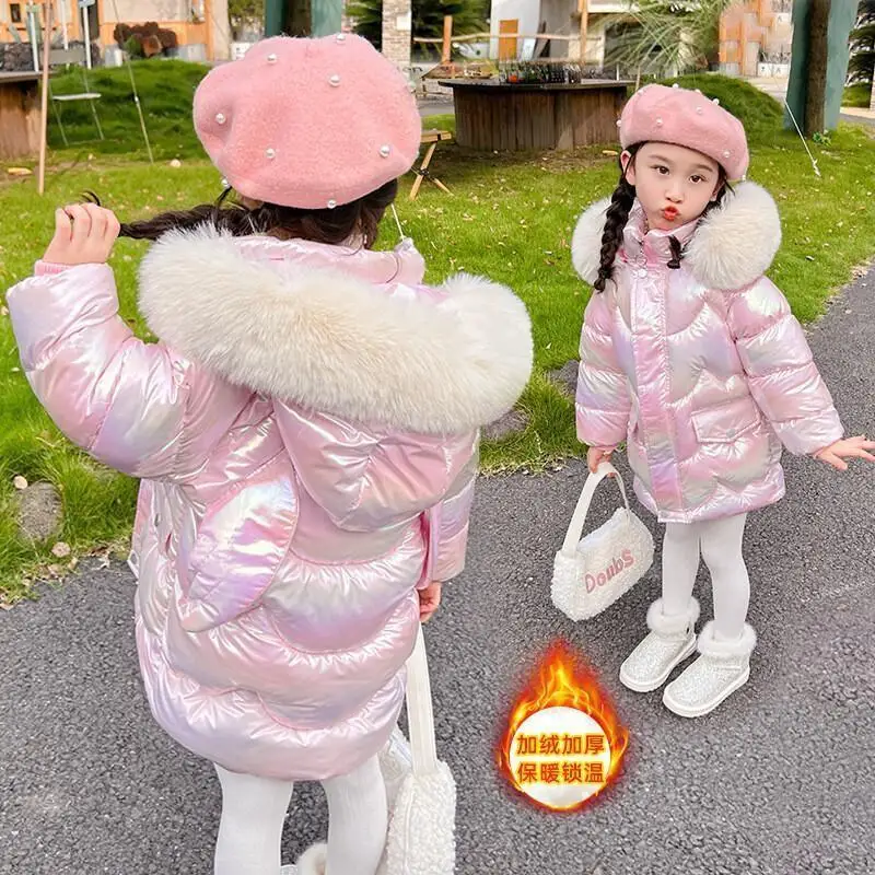 Kawaii Casual Coat Tops Fashion Children S Clothing Girls Winter Down Cotton Jacket Long Sleeve Thick Warm Shiny Washable Coat
