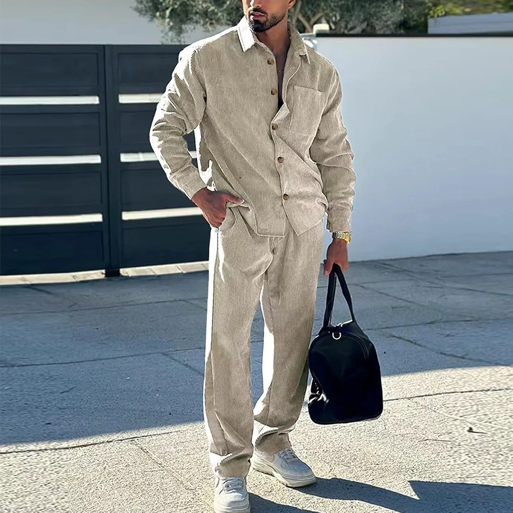 

Осень-зима, мужской свободный костюм с несколькими карманами, повседневный вельветовый кардиган, рубашка с длинными рукавами и брюки, комплекты из двух предметов