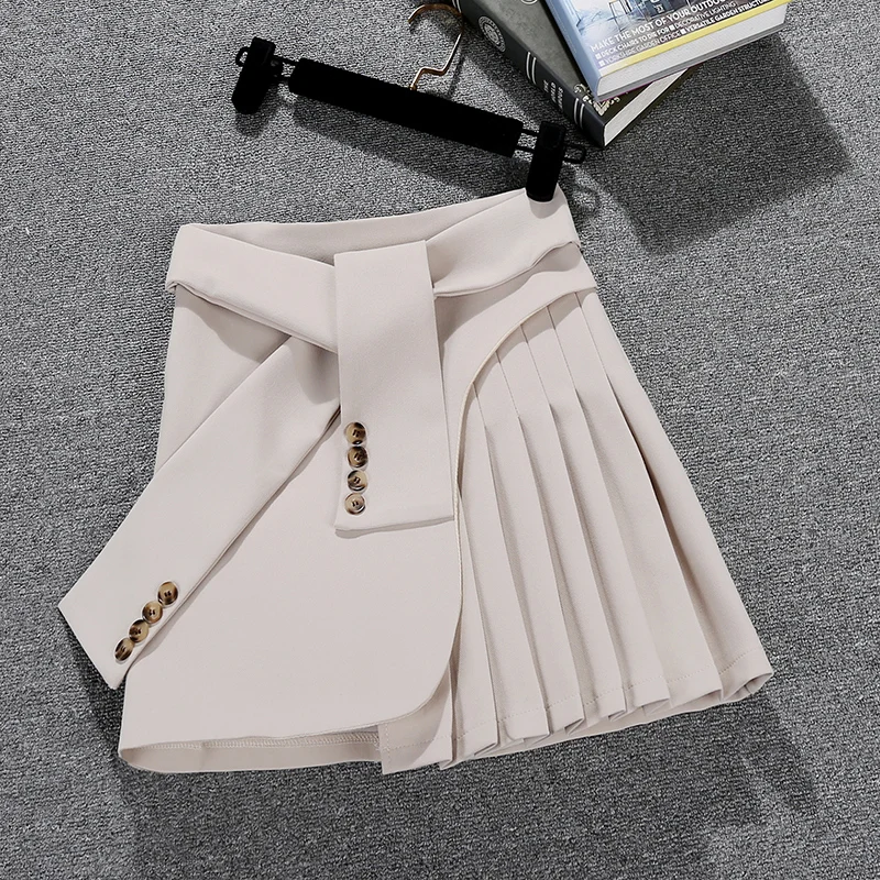 

Elegant Asymmetrical Skirt Women Spring Summer High Waist Mini Skirts Sexy Woman Korean Solid Color Black White Pleated skirt