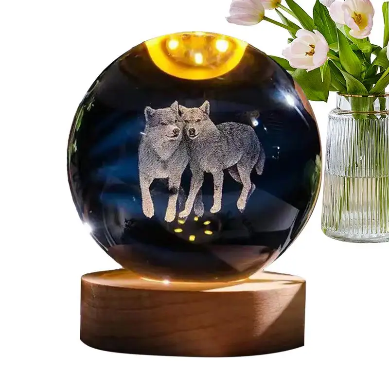 3D Night Light Modern Globe Lamp Decorative Crystal Ball With LED Base Etched Glass Animal Lamp Figurines For Living Room