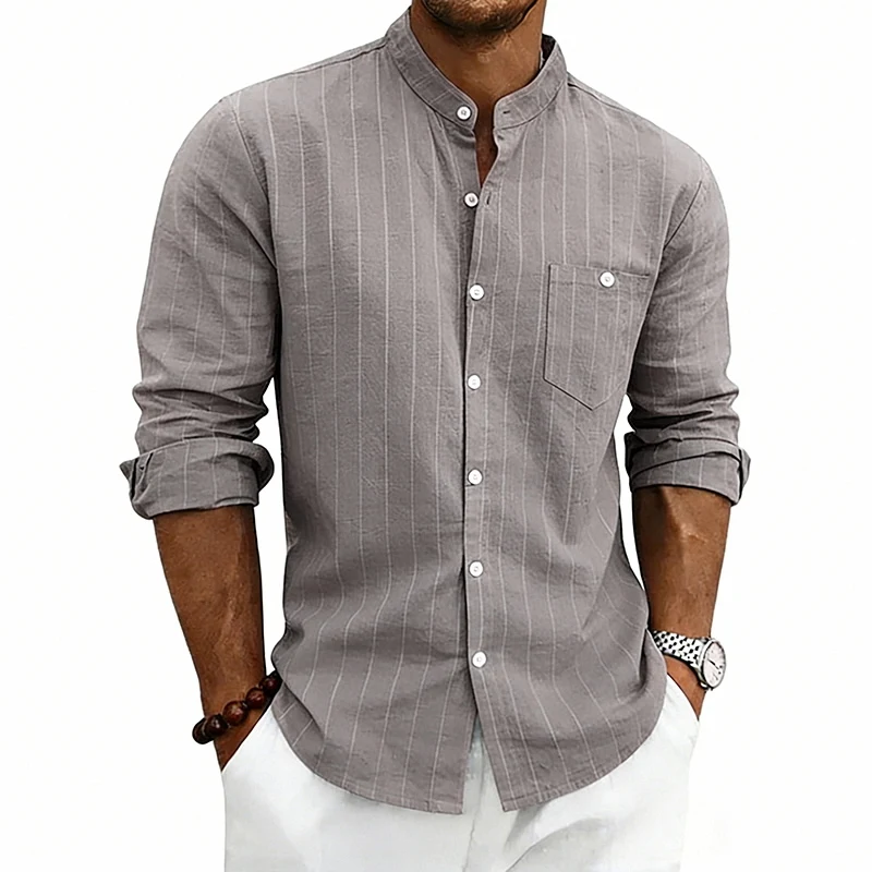Men's Single-Piece Chinese-Style Stand Collar Vertical Striped Linen Shirt, Long-Sleeve Breathable Summer Beach Casual Shirt