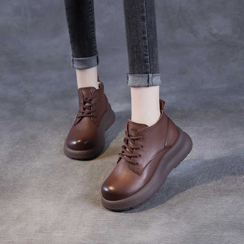 DRKANOL, botas de cuero genuino para mujer, plataforma gruesa, cuñas, tacón, punta redonda, botines para mujer, zapatos cálidos de invierno, talla grande 35-43