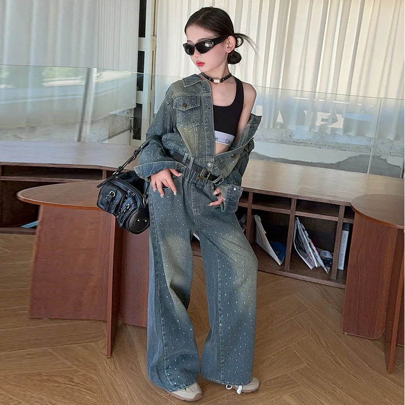 12 14 design junior girls shiny denim suit Hot stamping giacca corta + jeans a gamba larga + cintura 3 pezzi teen kid pants suit child outfits