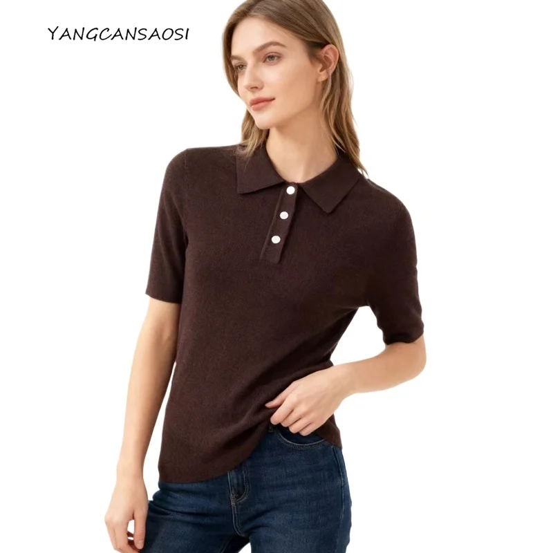 

2025 женский весенне-осенний новый 60 шт., 18 игл, 100% шерсть, вязаный свитер-поло с короткими рукавами, облегающий бесшовный офисный базовый свитер