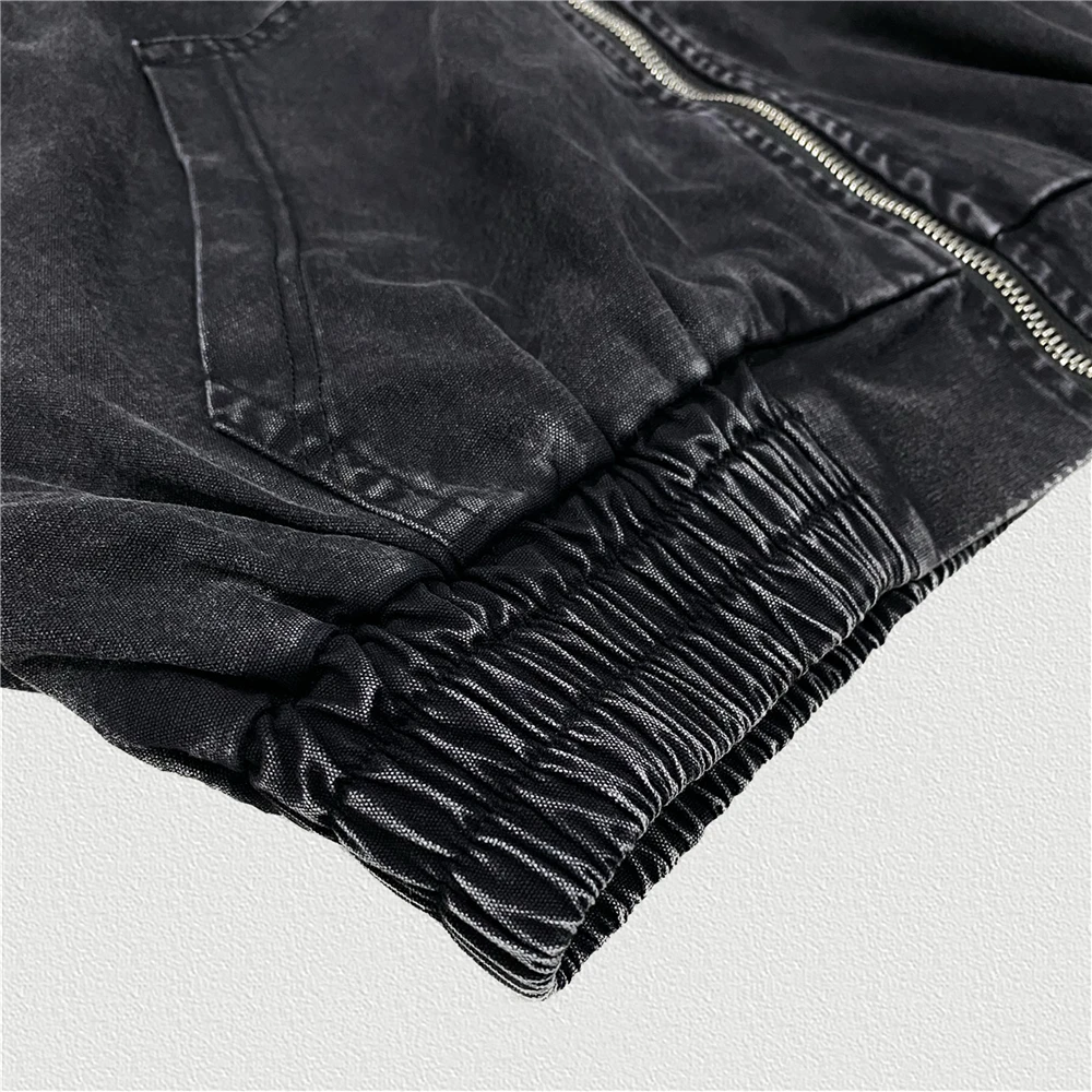 Retro 2023 Distressed Zipper Jacket Women Washed Heavy Cotton Hooded Coat Short-Length Styling