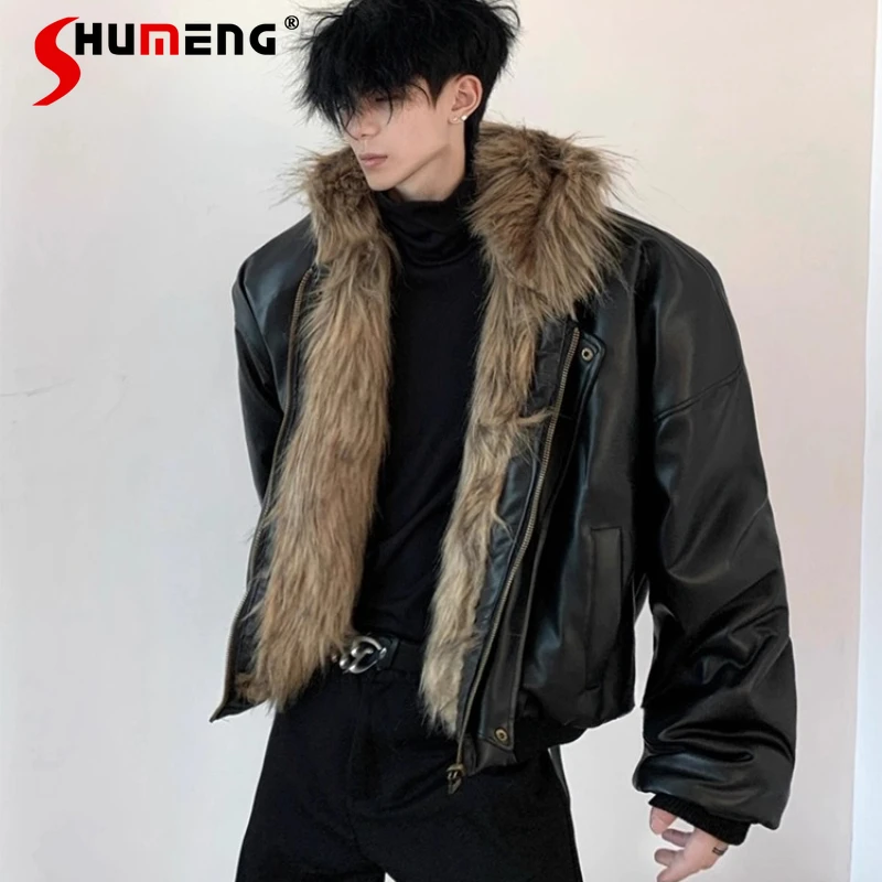 

Мужские зимние новые высококачественные утолщенные теплые кожаные куртки с капюшоном 2025 года, модные двусторонние пальто с меховой интеграцией из искусственного меха
