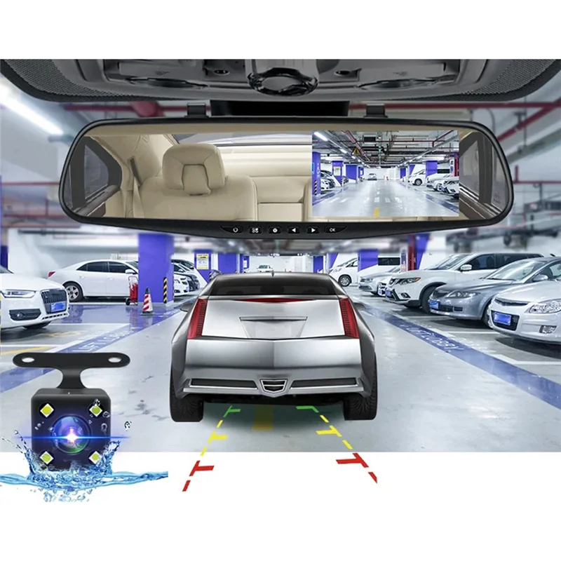 A13F-Dashcam مرآة بيضاء Dvr 4.3 بوصة داش كاميرا FHD 1080P مسجل تلقائي دعم كاميرا الرؤية الخلفية مسجل فيديو