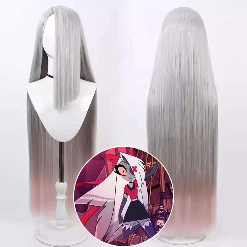 Hazbin Vaggie Cosplay Hotel Vaggie Wig With Red Bow Headwear Vaggie 90cm Long Hair White Sliver Hair Women Halloween Cosplay