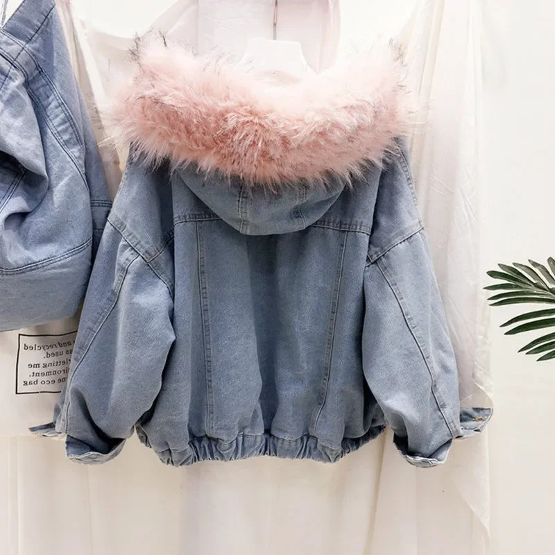 2022 Nová stylová džínová bunda Dámská zimní Amazonská evropský styl s kapucí, zesílená fleecová podšívka, bavlněný kabát z Číny - náhled 2