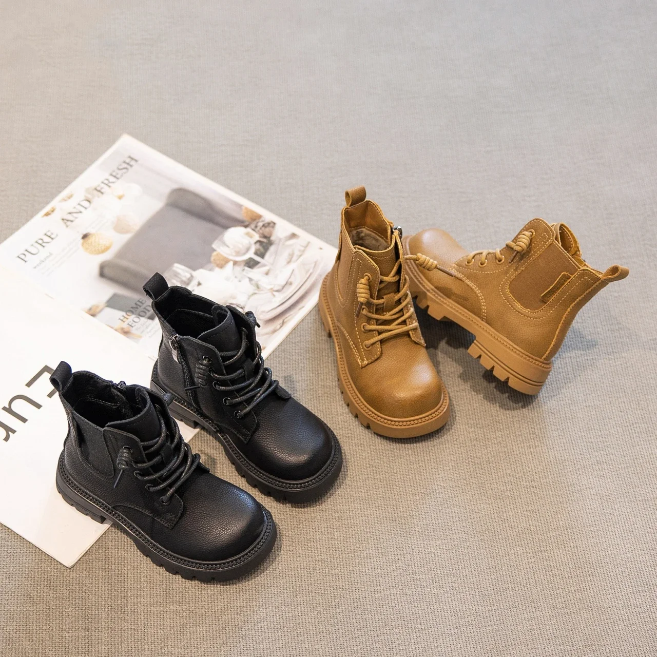 Fall boys and girls ankle boots with lacing and side zipper dual design,anti-slip soft sole,warm short boots, retro marten boots