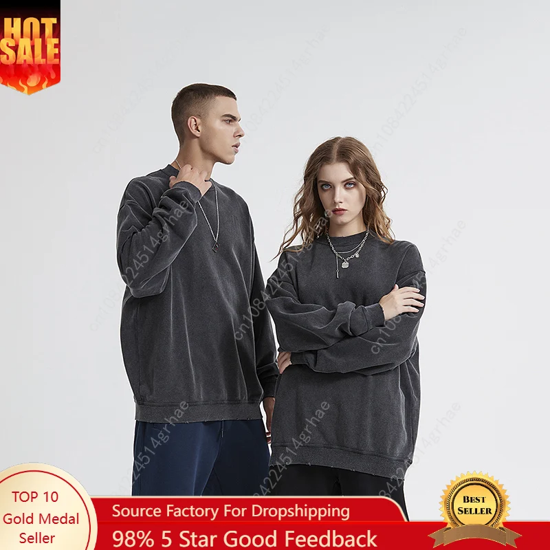 

Round Neck Washed Pullover Casual 100% Cotton Soild Color Men Women Hip Hop Vintage Sweatshirt