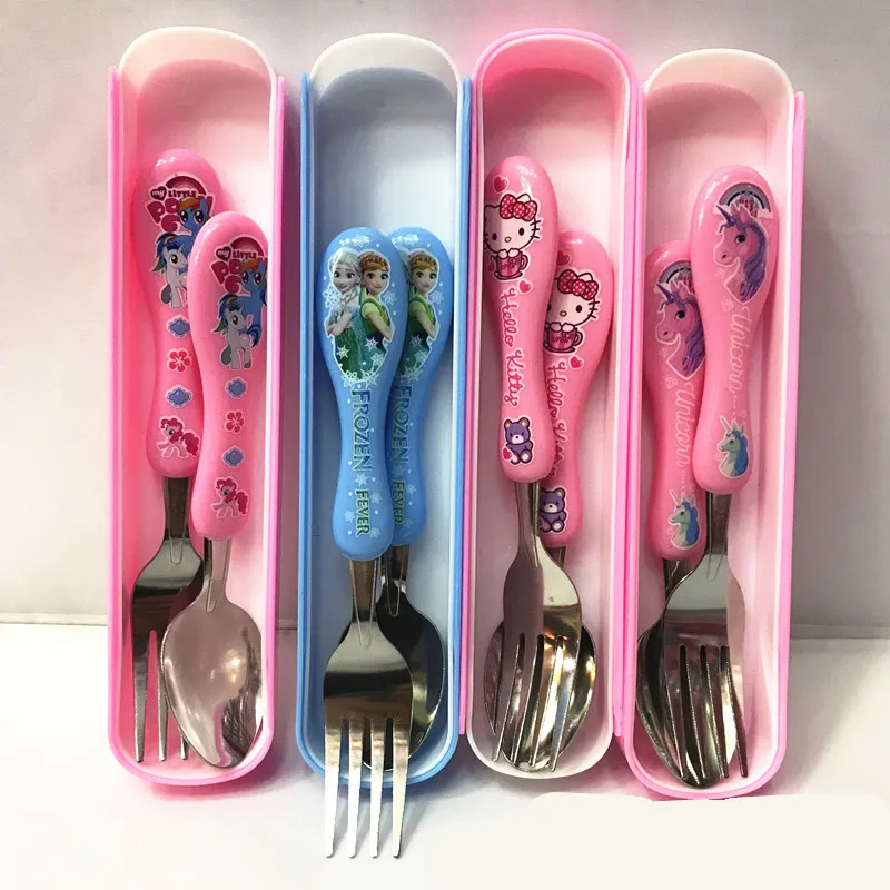 Disney Children\'s Training Chopsticks Spoon Fork Set Frozen Minnie Mickey Cars Children Fork Spoon Chopsticks Portable Cutlery