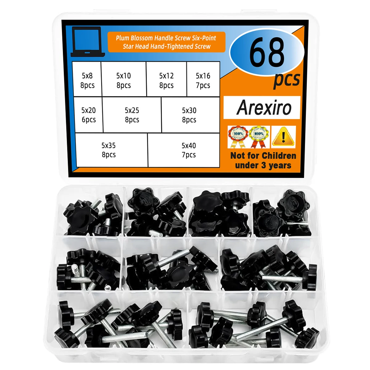 68 個 M5x8/10/12/16/20/25/40 ミリメートル炭素鋼黒プラスチック星頭ネジ固定ネジメトリックハンドルネジボルトファスナー