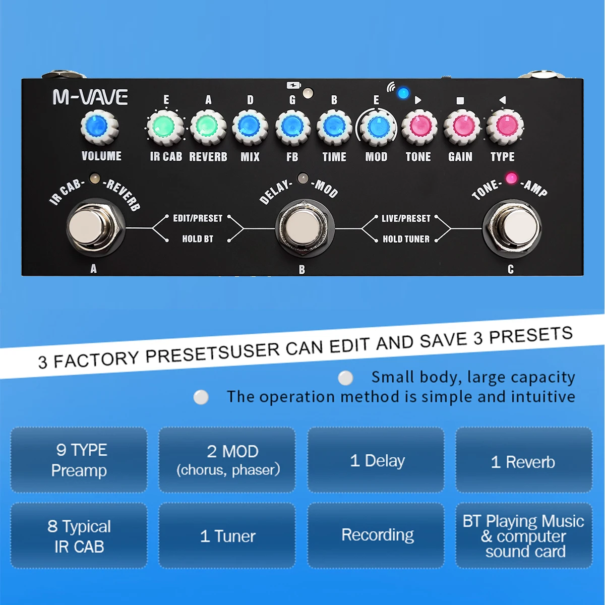 M-VAVE Cube Baby 3-in-1 Guitar Effect Pedal - Bass (Blue) / Acoustic (Yellow) / Electric (Black), 9 Preamp, 8 IR, BT Audio