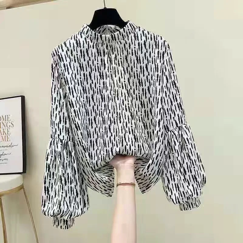 Black Striped Print Chiffon Stand Collar Lantern Sleeve Pullover Women\'s Blouse Shirt Casual Female Clothing Tops Fashion 2024