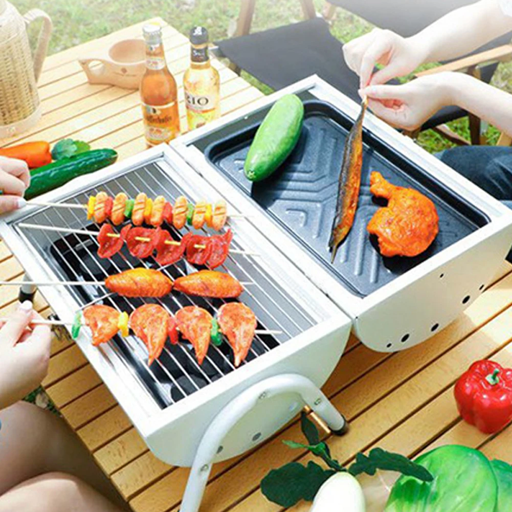 Portable Charcoal Grill Outdoor BBQ Grill Heating Stoves Camping Hiking Picnic Barbecue Grill Rack Iron Nets Firewood Fuel Stove