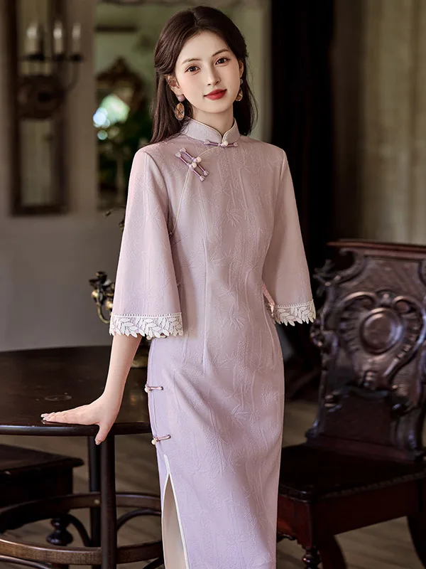 

Розовое длинное платье-ципао с рюшами, женское, винтажное, приталенное, для офиса, с низким разрезом, повседневное, из полиэфирного волокна, теплое, средней длины