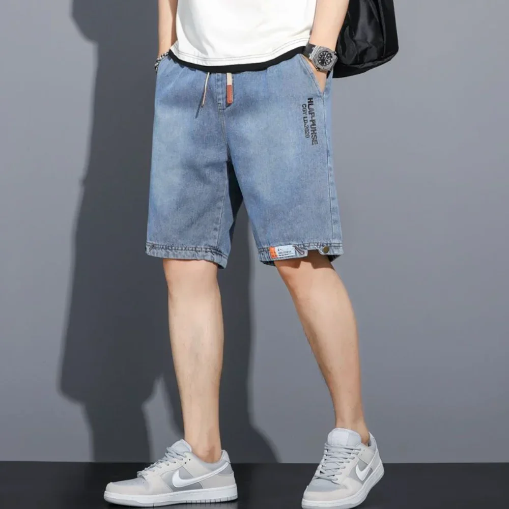 Men's Denim Shorts Summer New Elastic Waist Thin Loose Lacing Casual Pants Vintage Fashion Men Clothing pantalones hombre