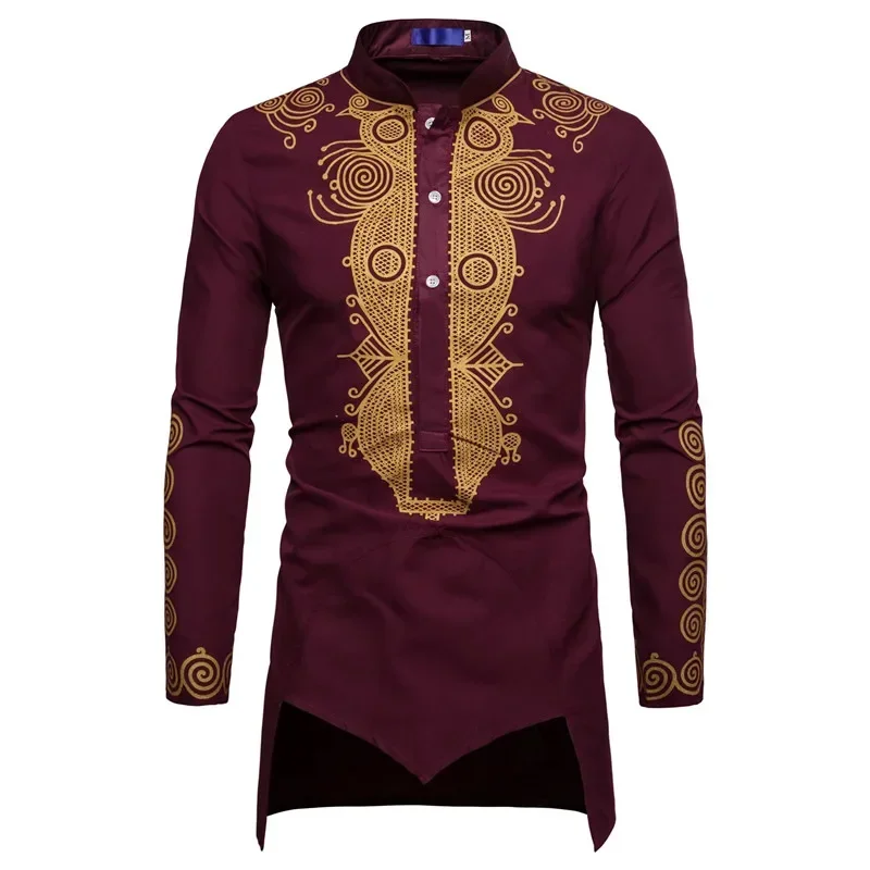 New Trend Thin Slim European Style Dress Men‘s Print Golden Flowers Long Sleeve Shirt Streetwear African