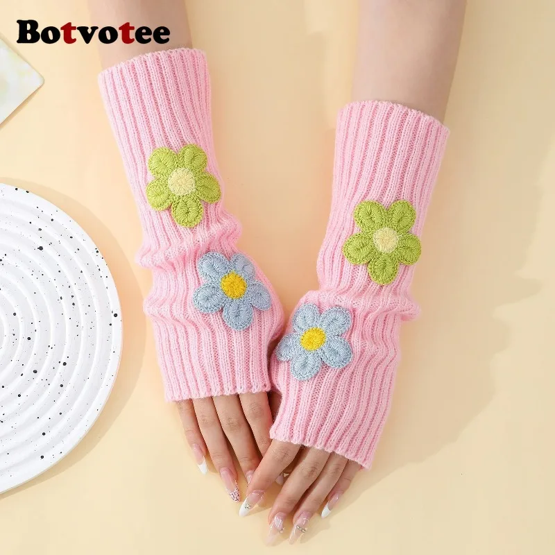 Botvotee الأكمام للنساء Y2k اكسسوارات الحلو الوردي زهرة نصف اصبع مدفئات للذراع نمط Preppy الشتاء متماسكة أصابع قفازات #1