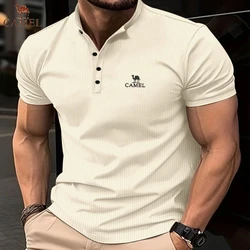 High End Embroidered CAMEL Stand Up Collar Waffle Polo Shirt Summer Men's Business Casual Breathable Short Sleeved T-shirt Top